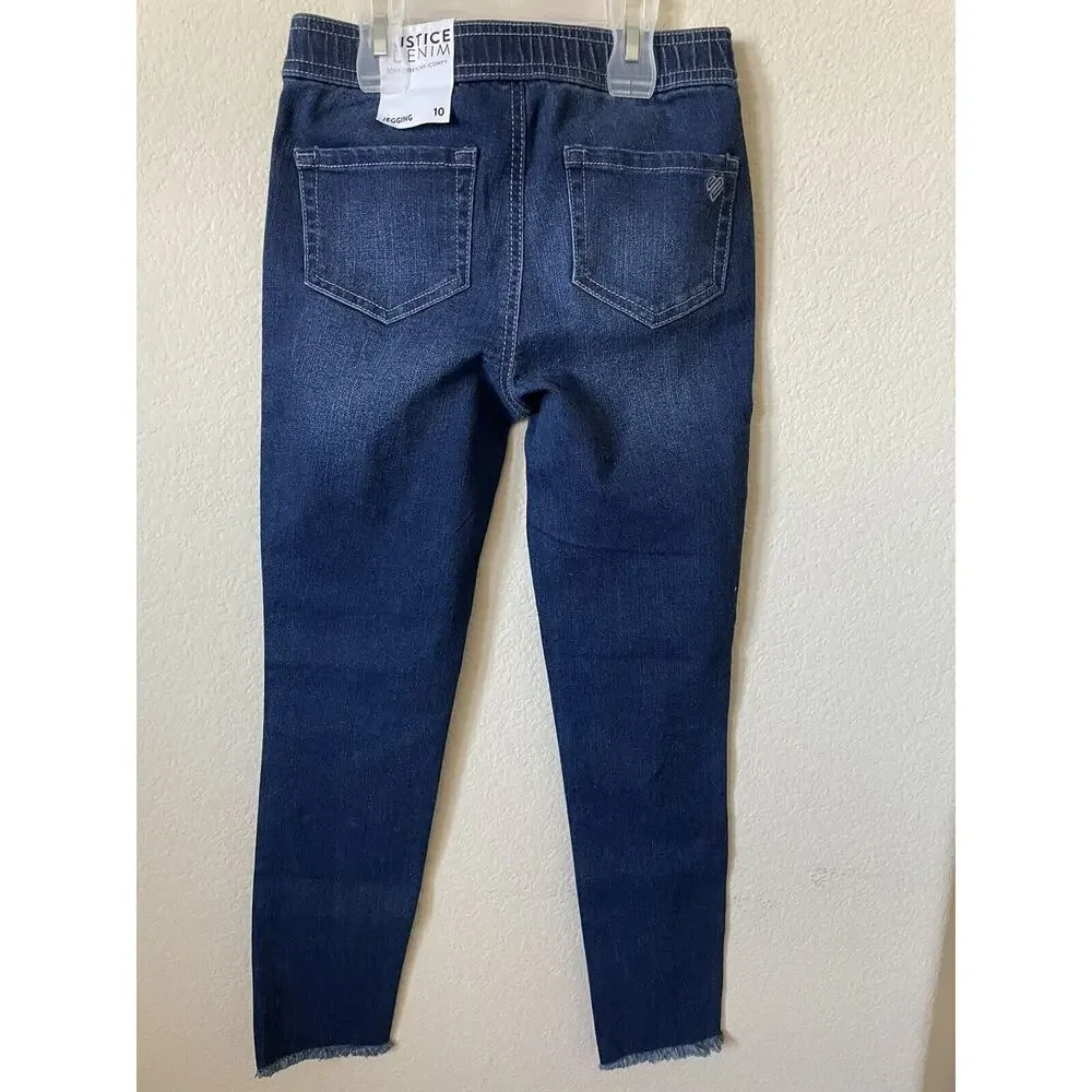 Justice Dark Wash Rhinestones Stretchy Girls Pull On Jean Leggings Pants Size 10